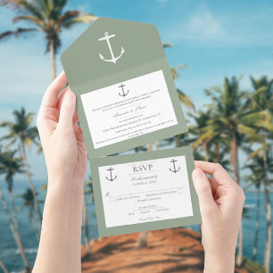 Invitation Tout En Un Mariage d'Ancres nautiques simple   Sage Green