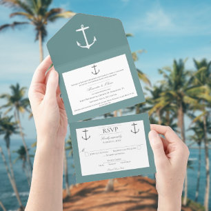 Invitation Tout En Un Mariage d'Ancres nautiques simple   TURQUOISE