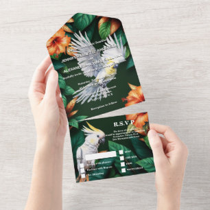Invitation Tout En Un Mariage dans la jungle tropicale avec des perroque