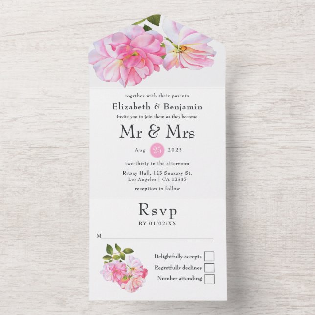 Invitation Tout En Un Mariage dans le jardin rose (À l'intérieur)