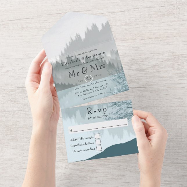 Invitation Tout En Un Mariage dans une forêt de bois rêveuse au bord d'u (Déchirure)