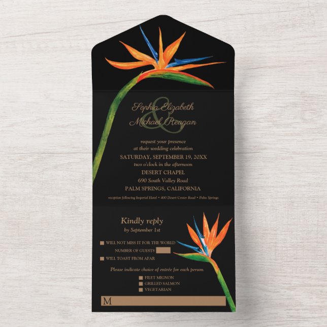 Invitation Tout En Un Mariage d'aquarelle Bird of Paradise (À l'intérieur)