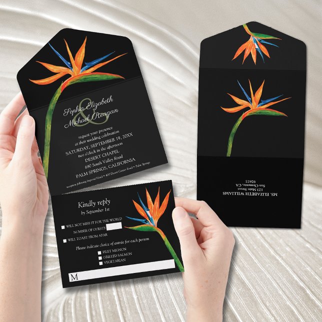Invitation Tout En Un Mariage d'aquarelle Bird of Paradise (ENVELOPES REQUIRED TO MAIL as there is no return address on these All-In-One Wedding Invitations)