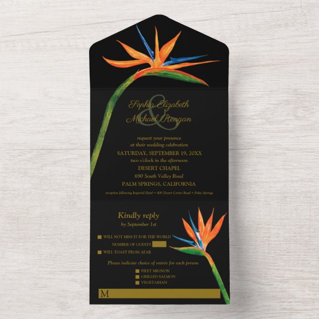 Invitation Tout En Un Mariage d'aquarelle Bird of Paradise (À l'intérieur)