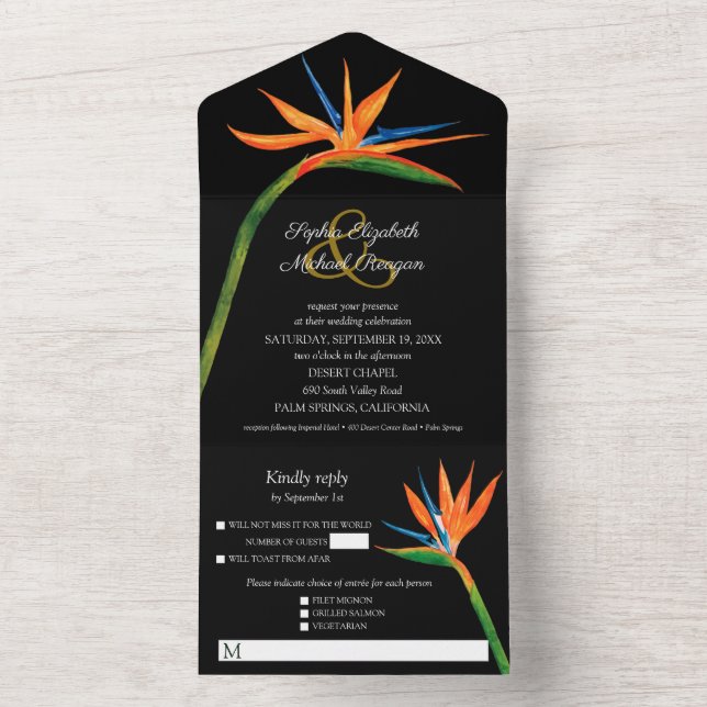 Invitation Tout En Un Mariage d'aquarelle Bird of Paradise (À l'intérieur)