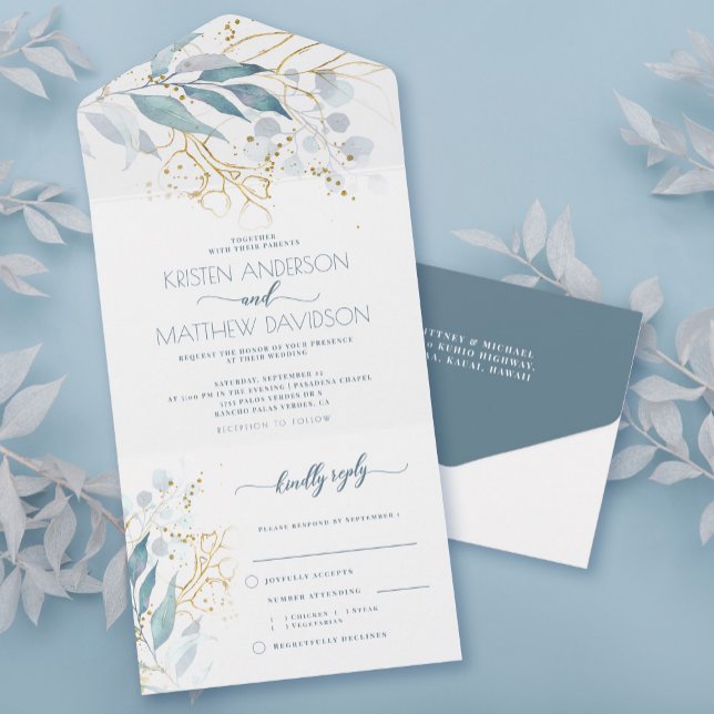 Invitation Tout En Un Mariage d'aquarelle bleu-duché (These budget-friendly wedding invitations are designed with an easy-to-tear-off perforated RSVP.)