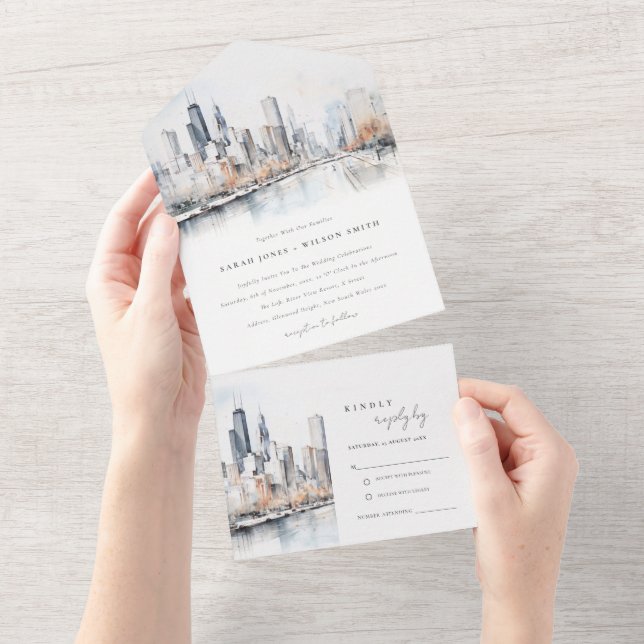 Invitation Tout En Un Mariage d'aquarelle de Chicago, Illinois City Scap (Déchirure)