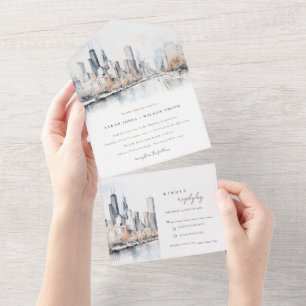 Invitation Tout En Un Mariage d'aquarelle de Chicago, Illinois City Scap