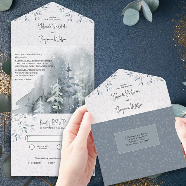 Invitation Tout En Un Mariage d'aquarelle de la forêt de neige d'hiver a (Trifold wedding invitation with rsvp from the Snow Forest wedding collection by Darling & May)