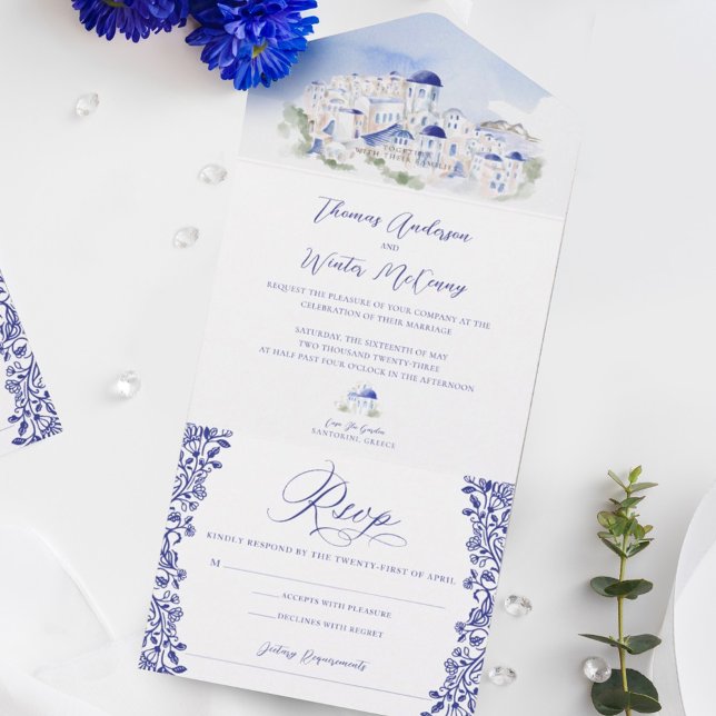 Invitation Tout En Un Mariage d'aquarelle de l'architecture de Santorin  (Santorini Greece Architecture Watercolor Wedding All In One Invitation
)
