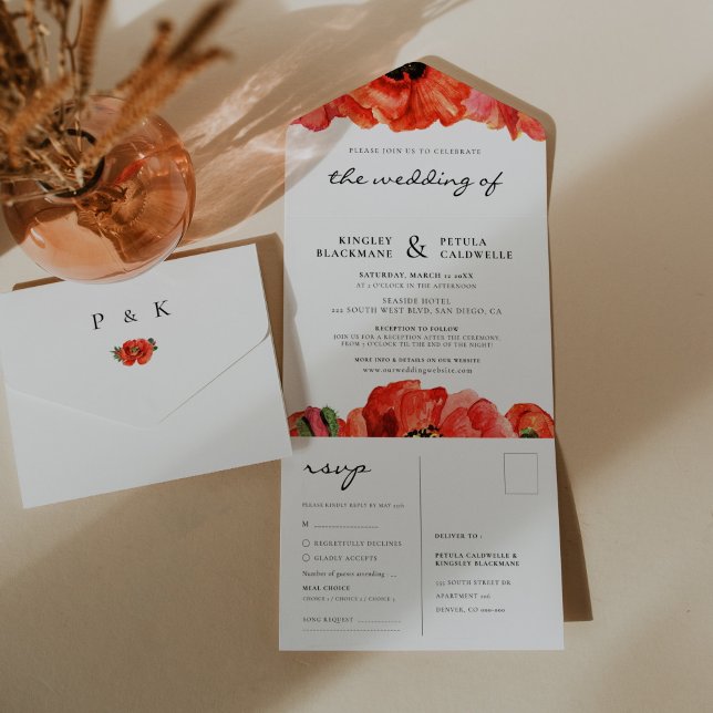 Invitation Tout En Un Mariage d'aquarelle de pavois rouges (Red poppies watercolor wedding all in one invitation)