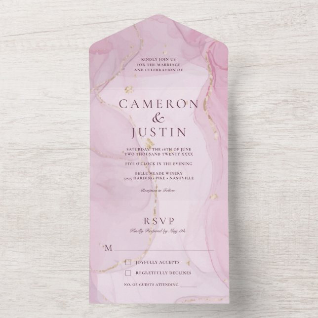 Invitation Tout En Un Mariage D'Aquarelle D'Or Rosée Tout En Un Invi (À l'intérieur)