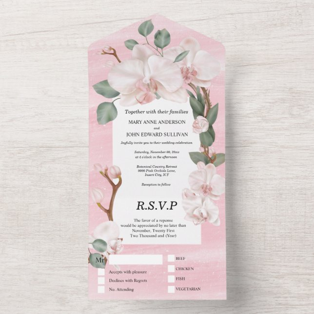 Invitation Tout En Un Mariage d'aquarelle d'orchidée rose vert (À l'intérieur)