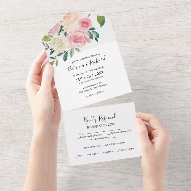 Invitation Tout En Un Mariage d'aquarelle florale rose pâle (Déchirure)