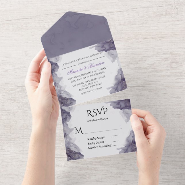 Invitation Tout En Un Mariage d'aquarelle Parties scintillant or Heather (Déchirure)