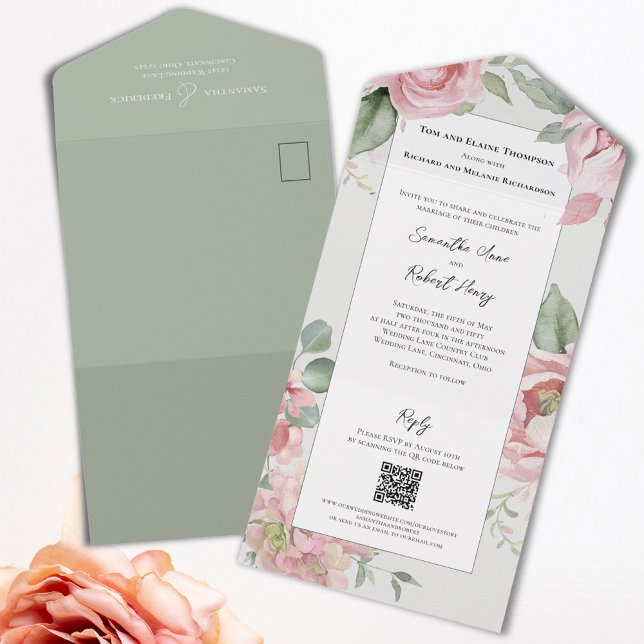 Invitation Tout En Un Mariage d'aquarelle rose (Elegant pink floral all in one wedding invitations. )