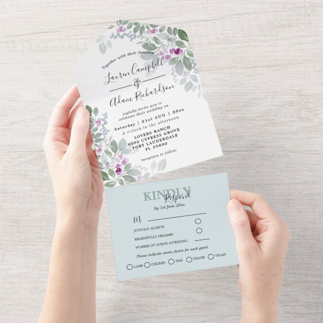 Invitation Tout En Un Mariage d'aquarelle rose vert floral (Déchirure)