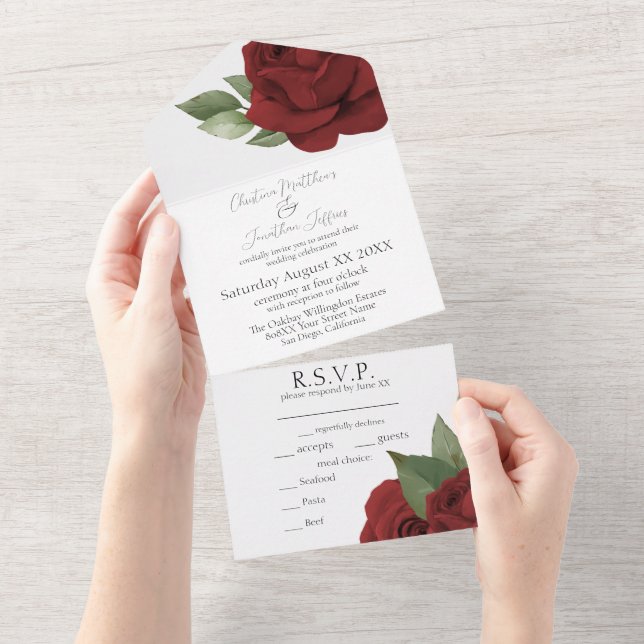 Invitation Tout En Un Mariage d'aquarelle Roses rouges (Déchirure)