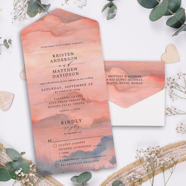 Invitation Tout En Un Mariage d'aquarelle Sunset Mountain (Créateur téléchargé)