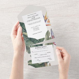Invitation Tout En Un Mariage d'aquarelle tropicale Feuille Banana