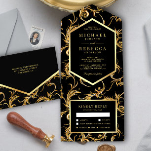 Invitation Tout En Un Mariage d'araignée d'or et d'huile noire