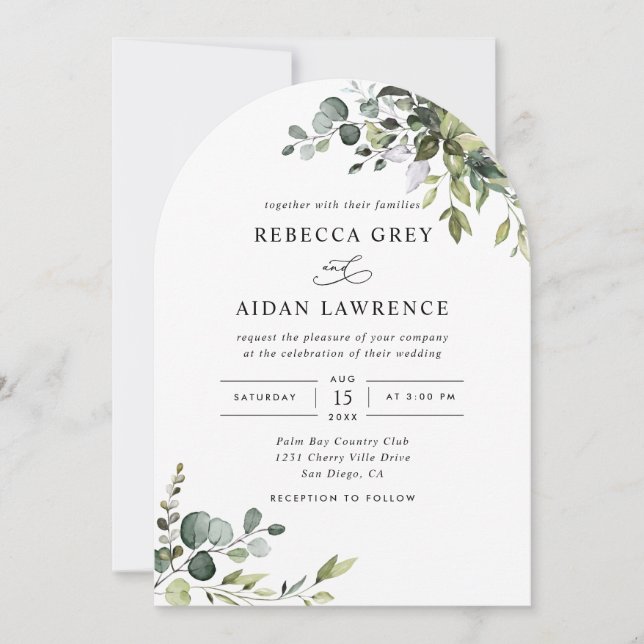Invitation Tout en un Mariage d'arc de verdure Eucalyptus rus (Devant)
