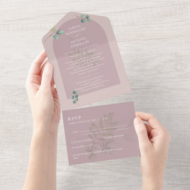 Invitation Tout En Un Mariage d'arc Eucalyptus 3in1 vert RSVP (Déchirure)