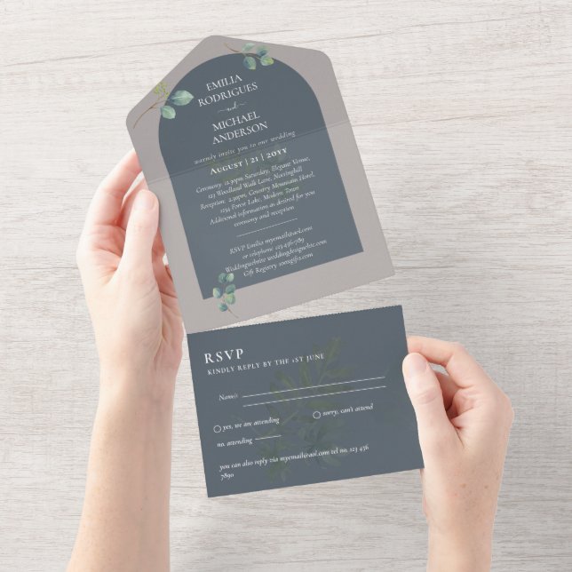 Invitation Tout En Un Mariage d'arc Eucalyptus 3in1 vert RSVP (Déchirure)