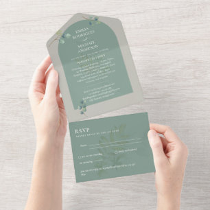 Invitation Tout En Un Mariage d'arc Eucalyptus 3in1 vert RSVP