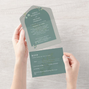 Invitation Tout En Un Mariage d'arc Eucalyptus 3in1 vert RSVP