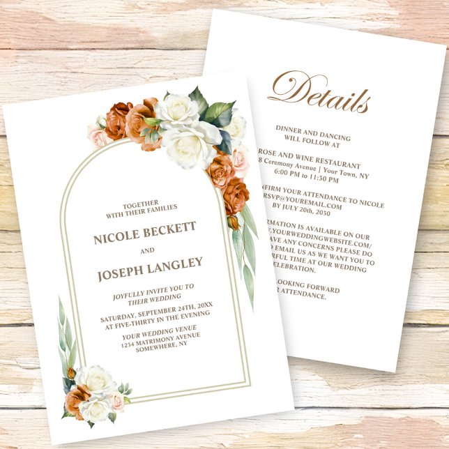 Invitation Tout en un Mariage d'arc floral blanc orange brûlé (Créateur téléchargé)
