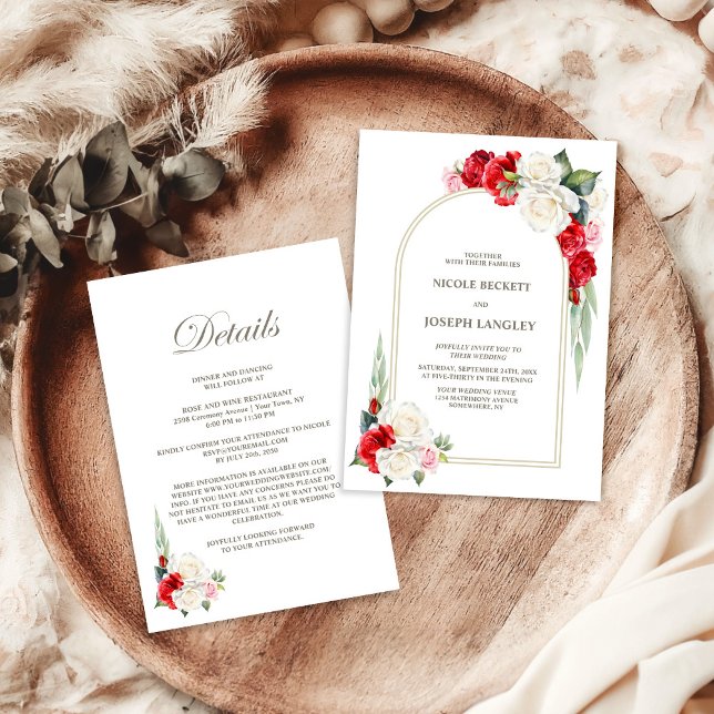 Invitation Tout en un Mariage d'arc Floral Blanc Rouge (Créateur téléchargé)