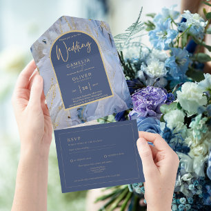 Invitation Tout En Un Mariage d'arche en marbre moderne bleu or