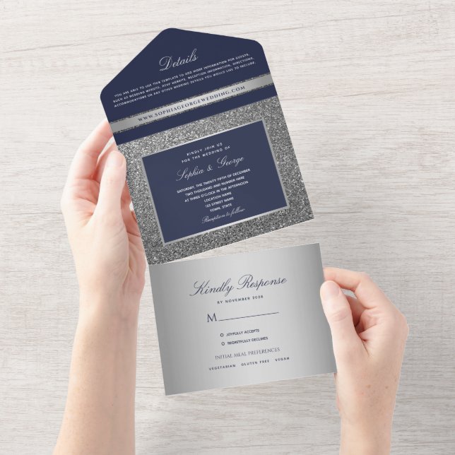 Invitation Tout En Un Mariage d'argent bleu marine moderne (Déchirure)