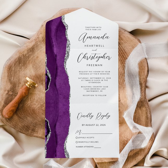 Invitation Tout En Un Mariage d'argent violet Agate (Créateur téléchargé)