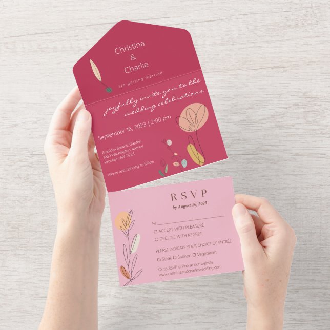 Invitation Tout En Un Mariage d'art moderne Boho Fuchsia (Déchirure)