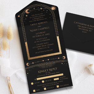 Invitation Tout En Un Mariage d'astronomie mystique Black Gold Sun Moon