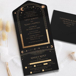 Invitation Tout En Un Mariage d'astronomie mystique Black Gold Sun Moon