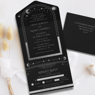 Invitation Tout En Un Mariage d'astronomie mystique en argent noir Sun M