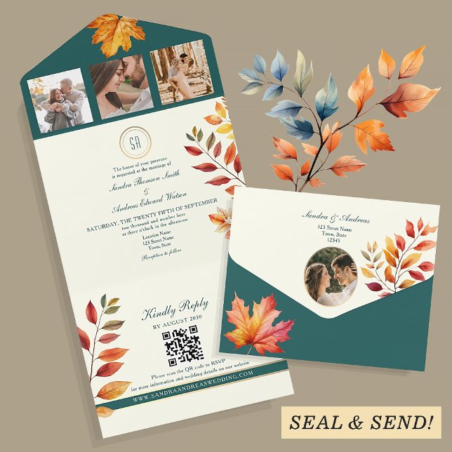 Invitation Tout En Un Mariage d'automne élégant sarcelle  (Créateur téléchargé)