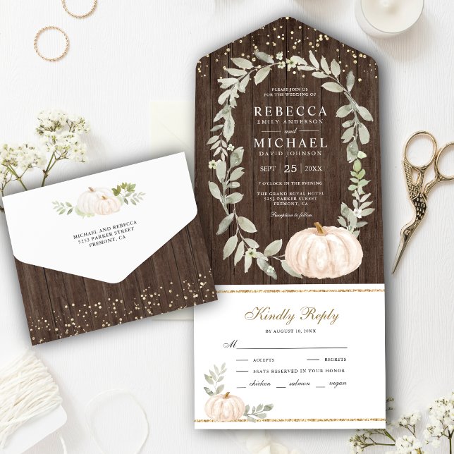 Invitation Tout En Un Mariage d'automne en bois rustique et citrouille b (Créateur téléchargé)