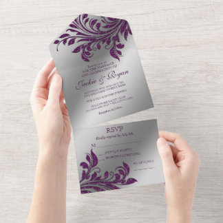 Invitation Tout En Un Mariage d'automne Feuille scintillante Violet arge