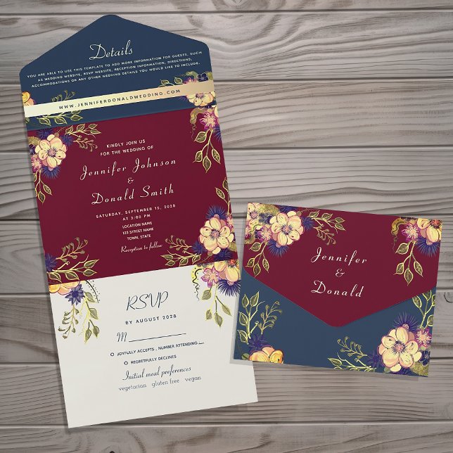 Invitation Tout En Un Mariage d'automne floral de Bourgogne (Créateur téléchargé)