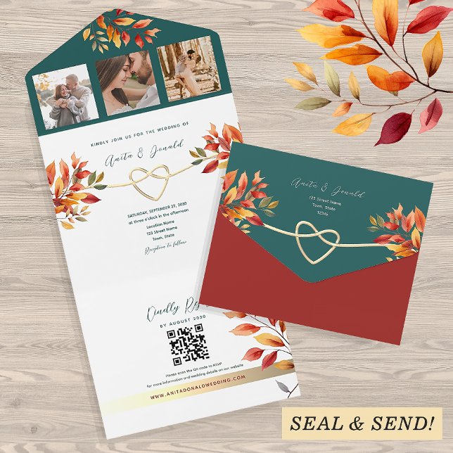 Invitation Tout En Un Mariage d'automne sarcelle et orange (Créateur téléchargé)