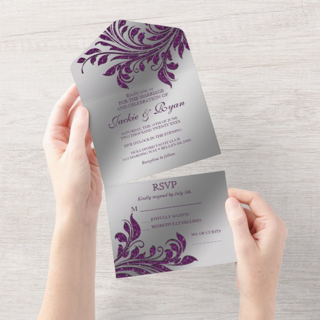 Invitation Tout En Un Mariage d'automne Sparkside feuille violet argent (Déchirure)