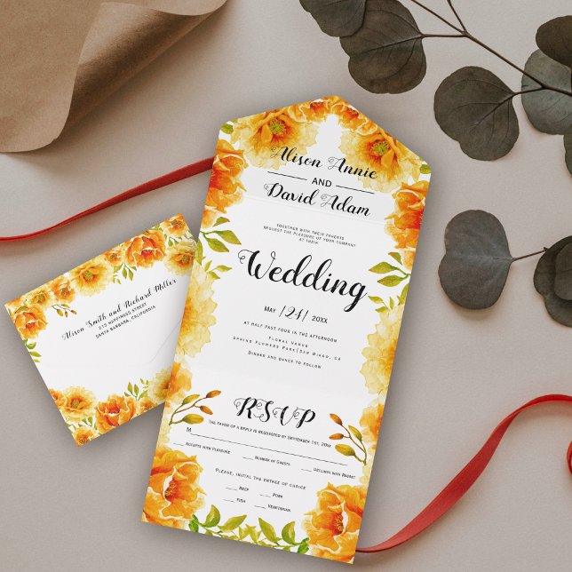 Invitation Tout En Un Mariage de automne de fleurs d'eau orange (Créateur téléchargé)