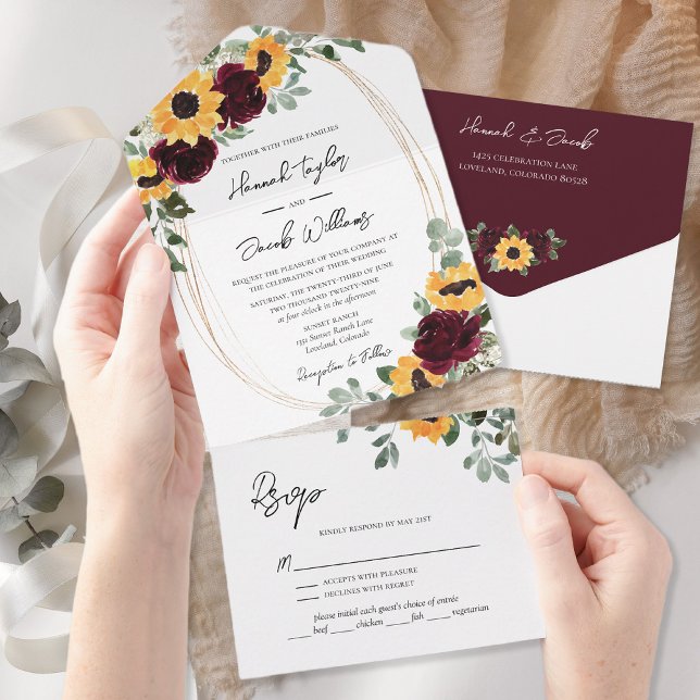 Invitation Tout En Un Mariage de automne de tournesol rustique avec RSVP (Créateur téléchargé)