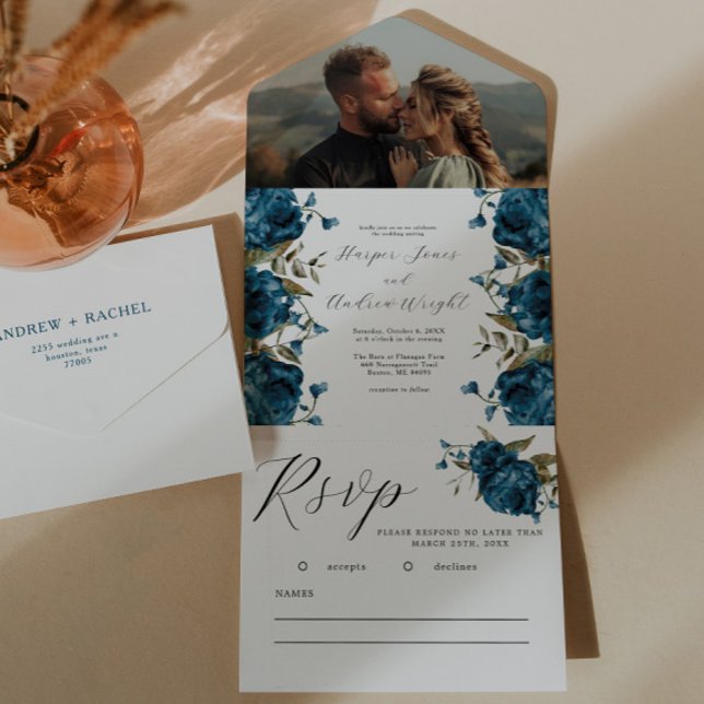 Invitation Tout En Un Mariage de automne floral bleu marine (Créateur téléchargé)