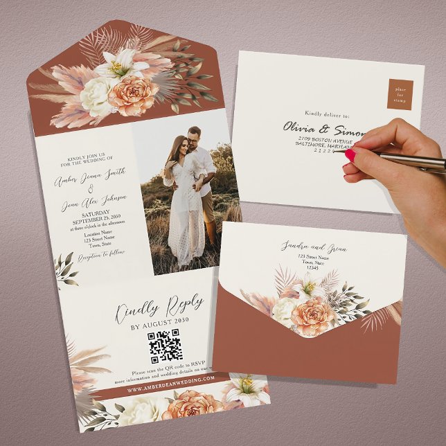 Invitation Tout En Un Mariage de automne floral rustique en terre cuite (Créateur téléchargé)