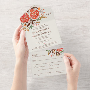 Invitation Tout En Un Mariage de automne Rose couleur rouge